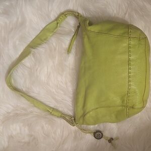 The Sak Lime Green Leather Boho Shoulder Bag Zip Close Beads Charms 15"w x11"h